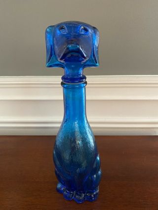 Vintage Dachshund Dog Decanter Barsottini 14 " Italian Blue Glass Bottle Empoli
