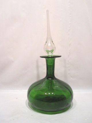 Vtg Mcm Blenko Art Glass Lg Decanter Bottle Emerald Green Clear Teardrop Stopper