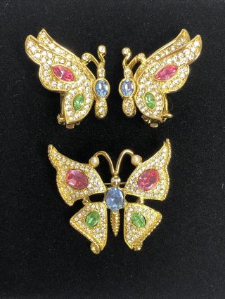 Vintage Kenneth J Lane Kjl Multi Color Rhinestone Butterfly Brooch Earring Set