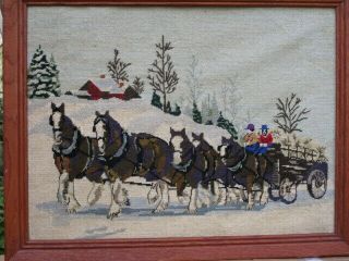 Vintage Needlepoint Picture Clydesdales Pulling Wagon