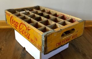 Vintage Coca Cola 1955 Yellow Coke 24 Bottle Wooden Case Crate Cheyenne Wyo