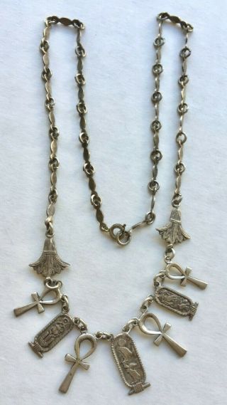 Vintage Sterling Silver Egyptian Revival (ankh,  Birds,  Beetle) 19.  5 " Necklace