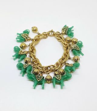 Vintage Signed Napier Jade Green Glass Elephant Charm Bracelet 7.  5”