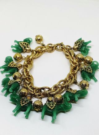 Vintage Signed Napier Jade Green Glass Elephant Charm Bracelet 7.  5” 2