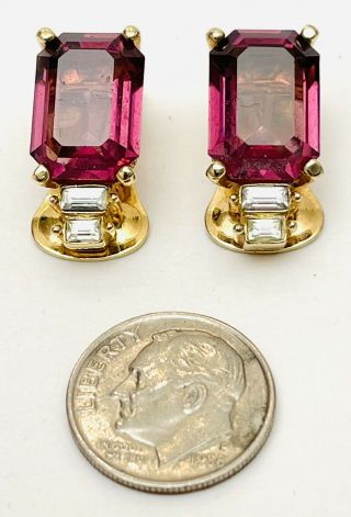 Vintage Signed Christian Dior Gold Amethyst Diamond Rhinestone Clip - On Earrings