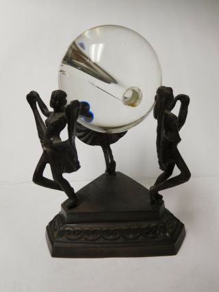 Vintage Metal Brass ? Ballerina Dancing Girls Crystal Ball Sphere Stand Display 3