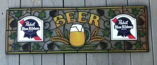 Vtg 36” 1983 Pabst Blue Ribbon Beer Pbr Faux Stained Glass Wall Bar Sign Tavern