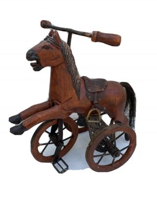 Vintage - Hand Carved Wood Horse Tricycle - Leather Saddle