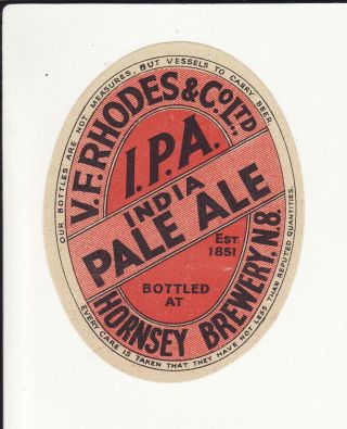 Very Old Uk Beer Label - Vf Rhodes & Co Hornsea Brewery India Pale Ale