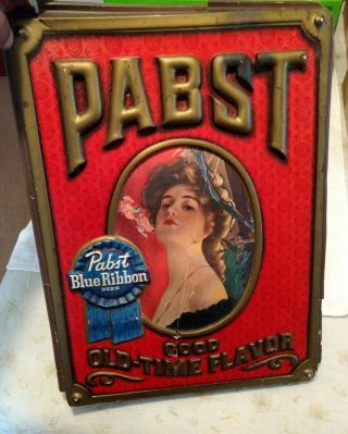 Vintage Pabst Blue Ribbon Beer Pbr Embossed Parlor Girl Sign 20 " X 28 "