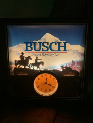 Busch Beer Advertising Sign Lighted Clock Pull String Vtg Cowboy Western Theme