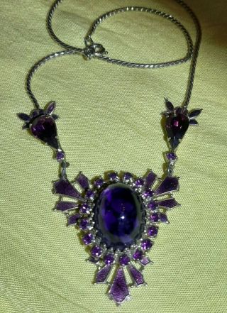 Vintage Mid - Century Purple Glass Pendant Glamour Necklace Rhinestone Czech Look