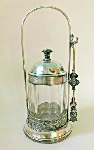 Antique Victorian Silver Plate Pickle Castor Holder Glass Paneled Jar Fork Tong