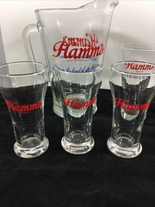 Vintage Hamm ' s Beer Pitcher,  5 Glass Set Born in the Land of Sky Blue Waters 2