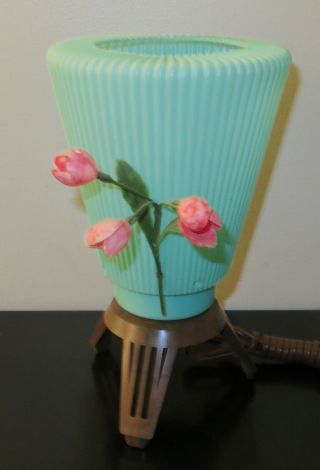 Vtg.  Retro Mcm Atomic Plastic Ribbed Turquoise Table Lamp Tri - Footed Base