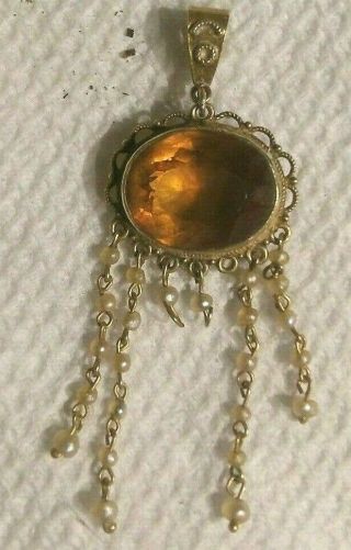 Vintage 14k Gold Necklace Pendant Seed Pearl Citrine Chain Dangle Charm 1.  7 Gram