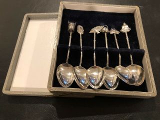 Vtg Set Of 6 Sterling Silver Tea/coffee Spoons Hinged Box Asian Theme