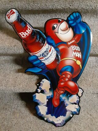 Vintage Budweiser Beer Bud Man Tin Sign 1989 Anheuser Busch 3