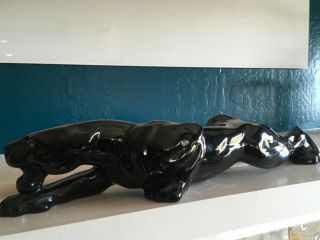 Vintage Black Panther Ceramic Figurine Mid Century Gemmed Orange Eyes 24” Long