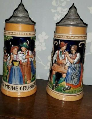 2 Pre War Antique German Lidded Beer Steins 1/2 L.
