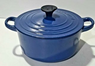 Vintage Le Creuset Blue Enamel Cast Iron Round Dutch Oven W/ Lid 18.  Good Cond.