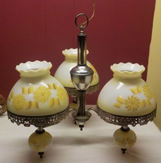 Vintage Yellow Flower Milk Glass Swag Hanging Lamp 3 Light & Brass