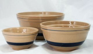 Vintage Treasure Craft Pottery Mixing Bowl Brown Speckled/blue Stripe Set Of 3