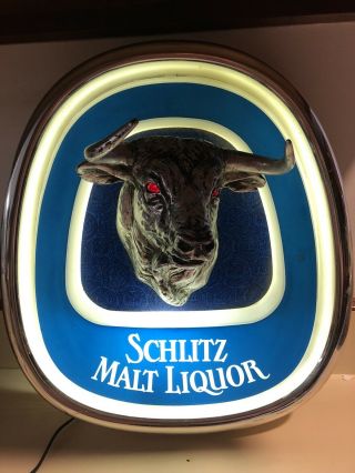 Vintage 1983 Schlitz Malt Liquor Bull 3d Lighted Bar Pub Sign Red Eyes