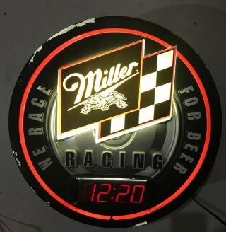 Vintage Miller Racing Beer Tire Lighted Digital Clock Sign We Race For Beer