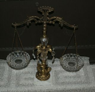 Vtg Ornate Scales Of Justice Cherub Riding Fish Marble Prisms Glass West Germany