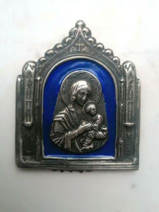 Antique Imperial Russian Silver 84 Icon Blue Enamel