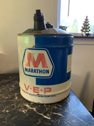 Vintage Marathon V.  E.  P.  Heavy Duty Motor Oil Gas 5 Gallon Can