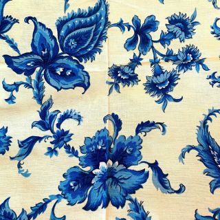 Coupon Tissu Fleurs Bleues 1950 Ancien Vintage Coton Blue Cotton Fabric Boussac