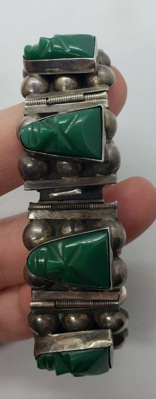 Vintage Mexico 925 Sterling Silver Carved Green Onyx Mask Panel Link Bracelet