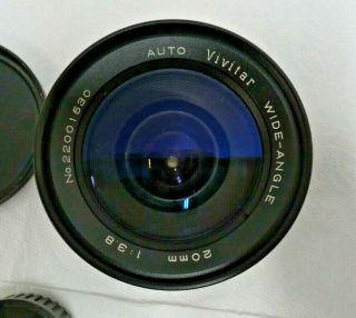 Vtg Vivitar Auto Wide - Angle Lens 20mm 1:3.  8 Lens Covers