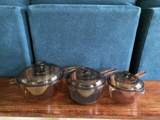 Vintage Corning Ware Vision Amber Cookware 1 L.  1.  5 L.  2.  5 L Sauce Pans Usa