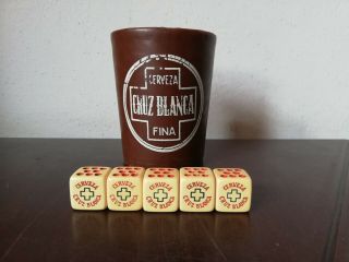 Vintage Mexican Cruz Blanca Beer Dice Cup Gambling Bar Cantina Advertising 60 