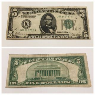 Vintage Numerical 10 $5 Federal Reserve Note 1928 - A Five Dollars Dallas Green