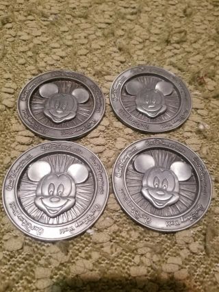 4 Vintage Mickey Mouse Walt Disney World Pewter Metal Coasters Made In Usa