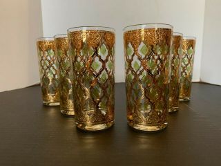 Vintage Mid Century Culver Valencia Gold And Green Glass Tumbler Set Of 6