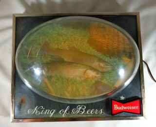 Vtg Budweiser King Of Beers Lighted Bubble Sign 3d Trout Fish Bar Advertising