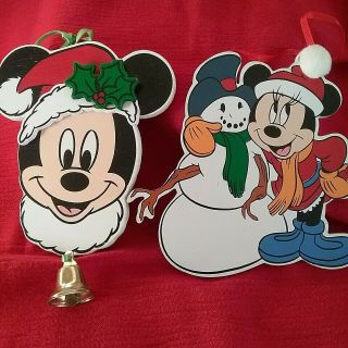 Disney Mickey Minnie Mouse Snowman Christmas 2 Ornaments Wood 1991 Kurt Adler