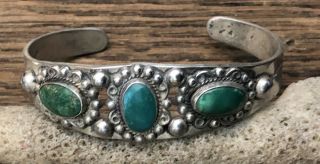 Vintage Fred Harvey Era 925 Sterling Silver Cuff Bracelet 3 Green Stones 25gr