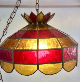 Vintage Retro Mod1970s Stained Glass Hanging Swag Lamp Light Fixture Red Gold