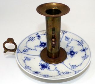 Vintage Royal Copenhagen Porcelain & Brass Chamberstick Candle Holder Push Up