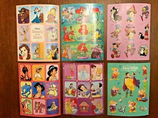 6 Vintage Disney Sticker Sheets Aladdin Pinocchio Snow White Sleeping Beauty Mer