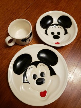 Vintage Walt Disney Prod Mickey Mouse ceramic 3 pc dinnerware set plate bowl mug 2