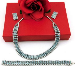 Vintage Necklace Bracelet Earrings Set White Milk Glass & Light Blue Rhinstone