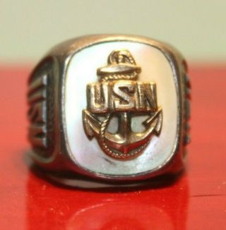 Vtg D.  B.  Sterling Silver 10k Gold Filled Mother - Of - Pearl Us Navy Ring