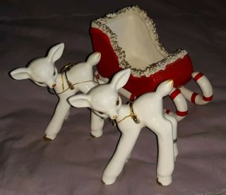 Vtg - Holt Howard Ceramic Sleigh & 2 White Reindeer Figurine Xmas Figure - Japan